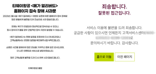 지난달 제주항공에 이어 이달 티웨이항공과 진에어가 항공권 특가 프로모션을 실시했지만 서버가 불안정해지며 소비자들의 불만이 쏟아져나오고 있다. 사진은 티웨이항공 사과문(왼쪽)과 진에어 홈페이지 캡쳐(오른쪽). 각 사 제공